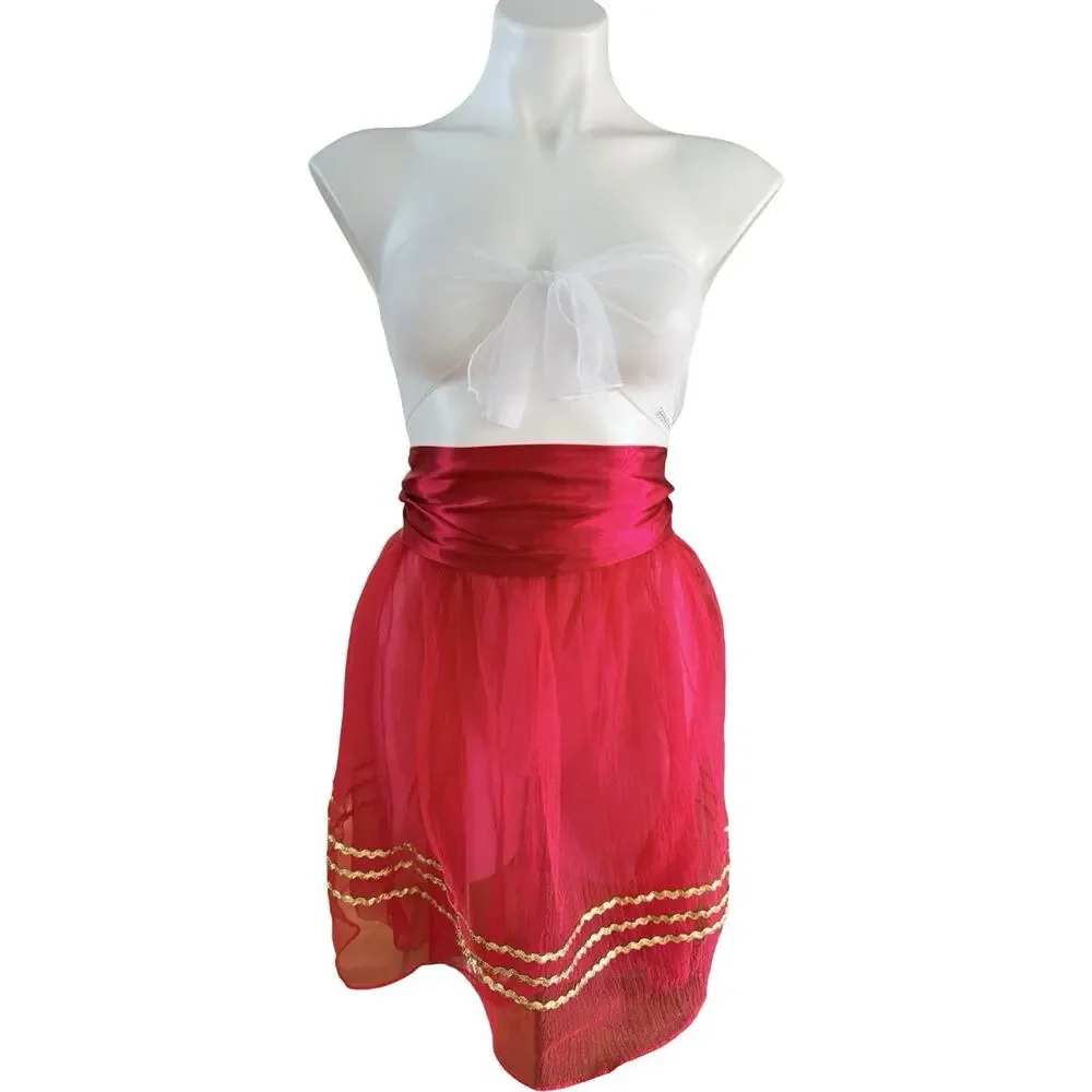 Vintage Red Sheer Chiffon Apron Gold Rickrack Trim Satin Bow